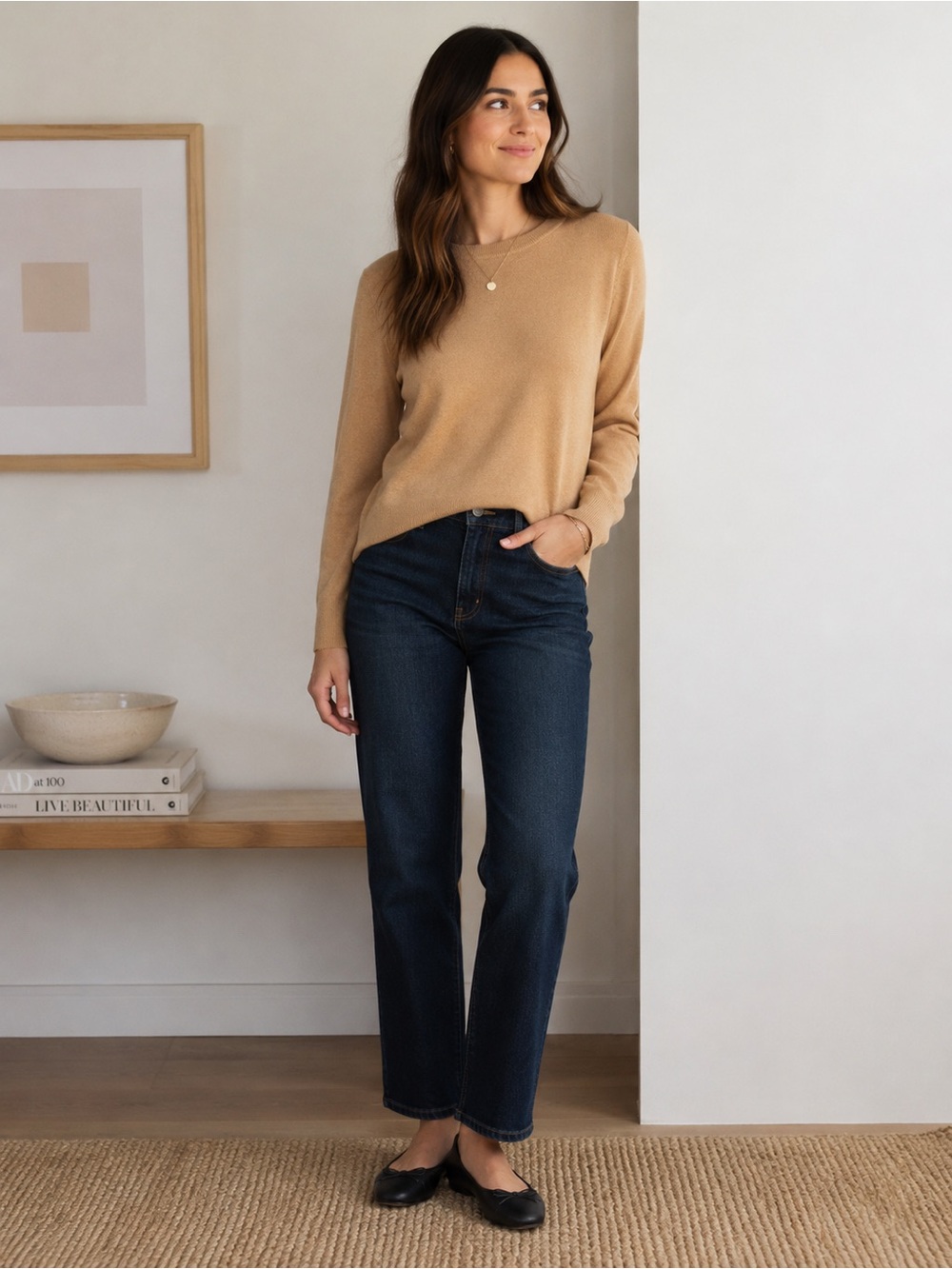 New Style&Co Long Sleeve Sweater Petite Large Camel Rayon Nylon Pullover Slits